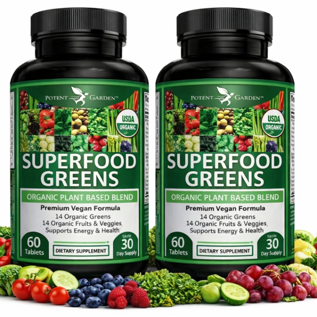 Potent Garden 2-Pack Orgaaniline Superfood Greens, Puu- ja köögiviljade täiendus rikas vitamiinide ja antioksüdantide Alfalfa, Beet Root & Tart Cherry, et suurendada energiat, immuunsust ja soolestiku tervist, 120 Ct