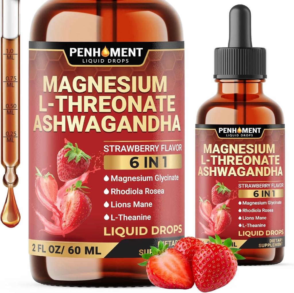 6in1 Magneesium L-Threonate Vedelad tilgad ashwagandha, magneesiumglütsinaadi ja veel 3 - aju tugi ja immuunsus - 2 Fl Oz 30 päeva - maasikamaitse