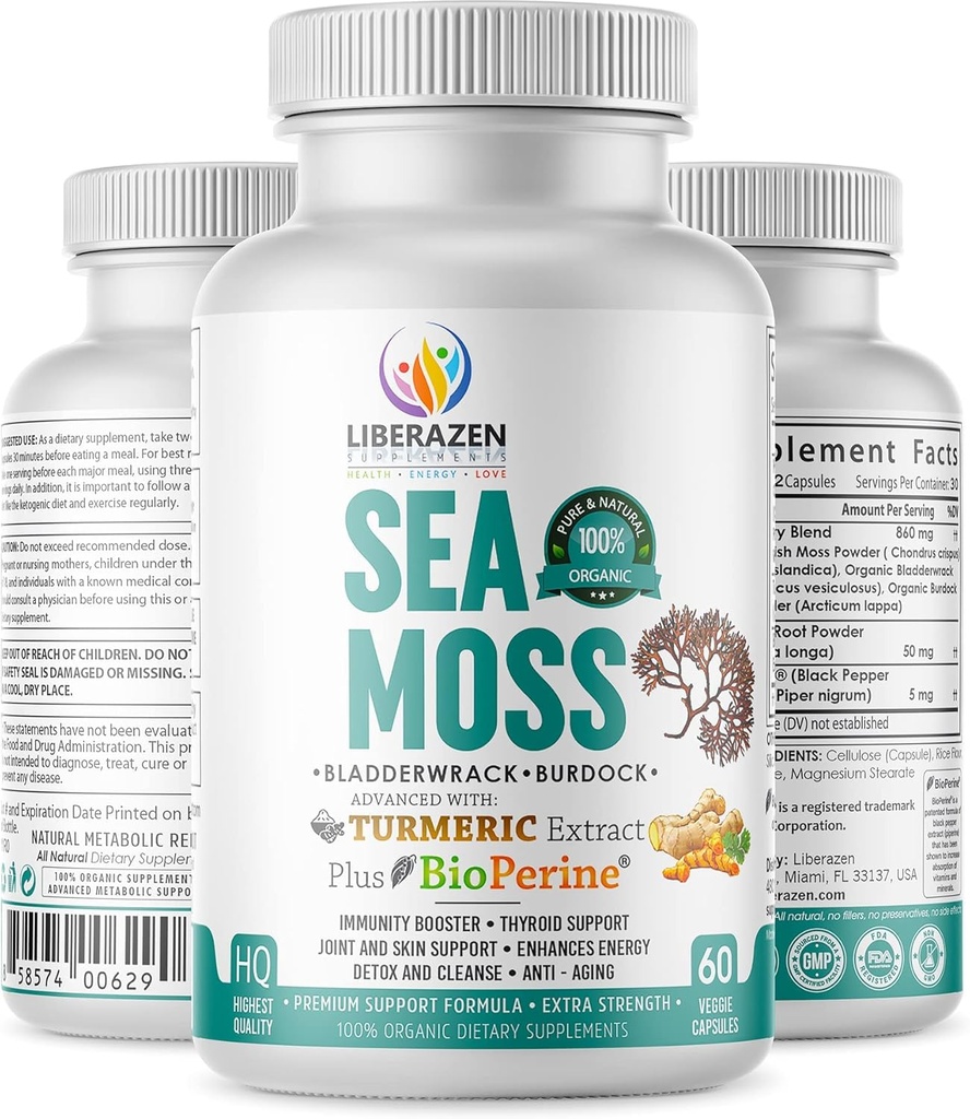 Orgaaniline Iiri meri Moss pillid - Wildcrafted Dr Sebi Inspired Seamoss Blend kurkumi, Burdock Root & Bladderwrack, täiustatud Black Pepper - 60 kapslit