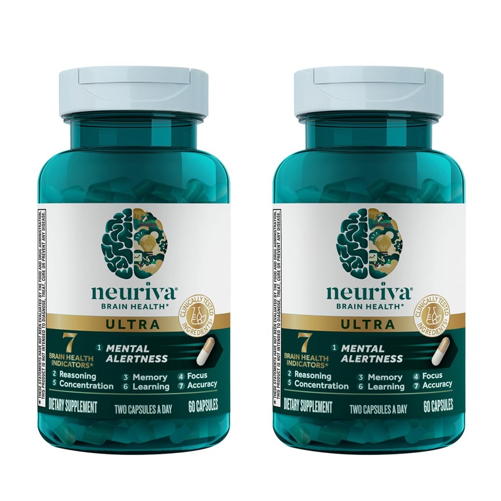 NEURIVA Ultra Brain Supplement vaimse häire, mälu, fookus ja kontsentratsioon kliiniliselt testitud Cognivive, neurofaktor, fosfatidüülseriin, vitamiinid B6 & B12, 60 loend kapslid (2 Pack)