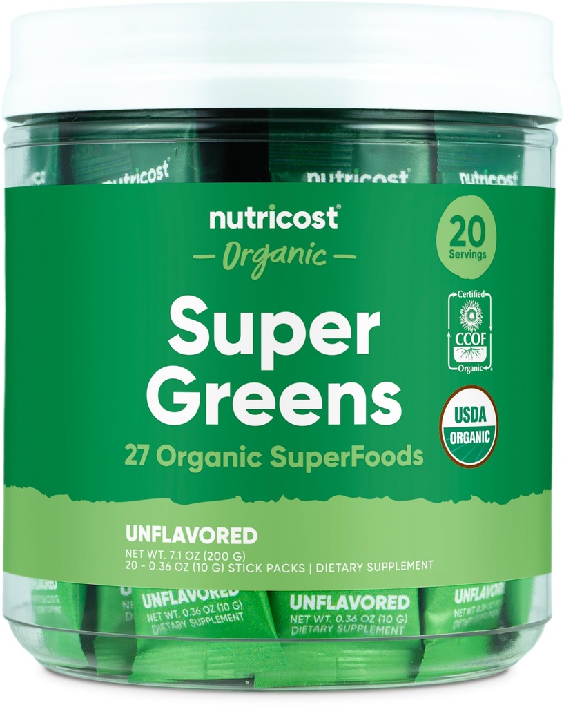 Nutricost Organic Super Greens (maitsestamata) 20 Stickpacks - Gluteenivaba, Non-GMO
