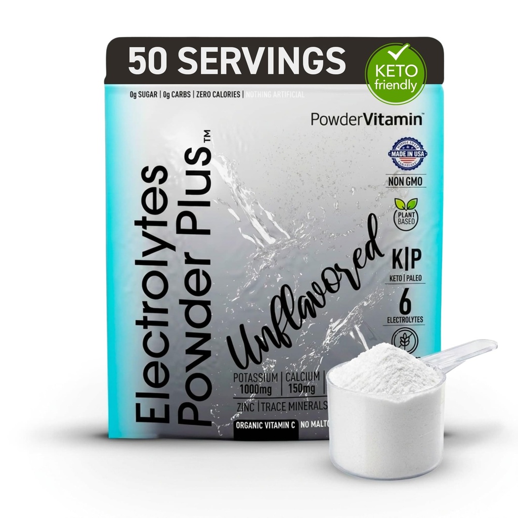 PowderVitamin Electrolytes Powder Plus (50 Servings) Maitsestamata elektrolüüt pulber Keto, suhkruvaba, roosa Himaalaja sool., 1000mg kaalium, 150mg Kaltsium, 150mg Magneesium, NO Stevia