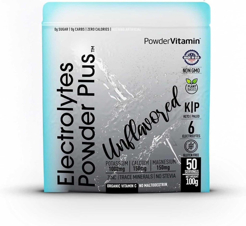 PowderVitamin Electrolytes Powder Plus (50 Servings) Maitsestamata elektrolüüt pulber Keto, suhkruvaba, roosa Himaalaja sool., 1000mg kaalium, 150mg Kaltsium, 150mg Magneesium, NO Stevia