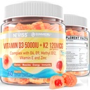Vitamiin D3 5000IU + K2 (MK-7) 120mcg, suhkruvaba vitamiin D3 K2 Täidetud kummid B-vitamiini kompleksiga - Metüül B12, B9, B6 | E-vitamiin ja tsink, MCT õli - toetab luu ja hammaste tugevust, immuunsust, 2PACK