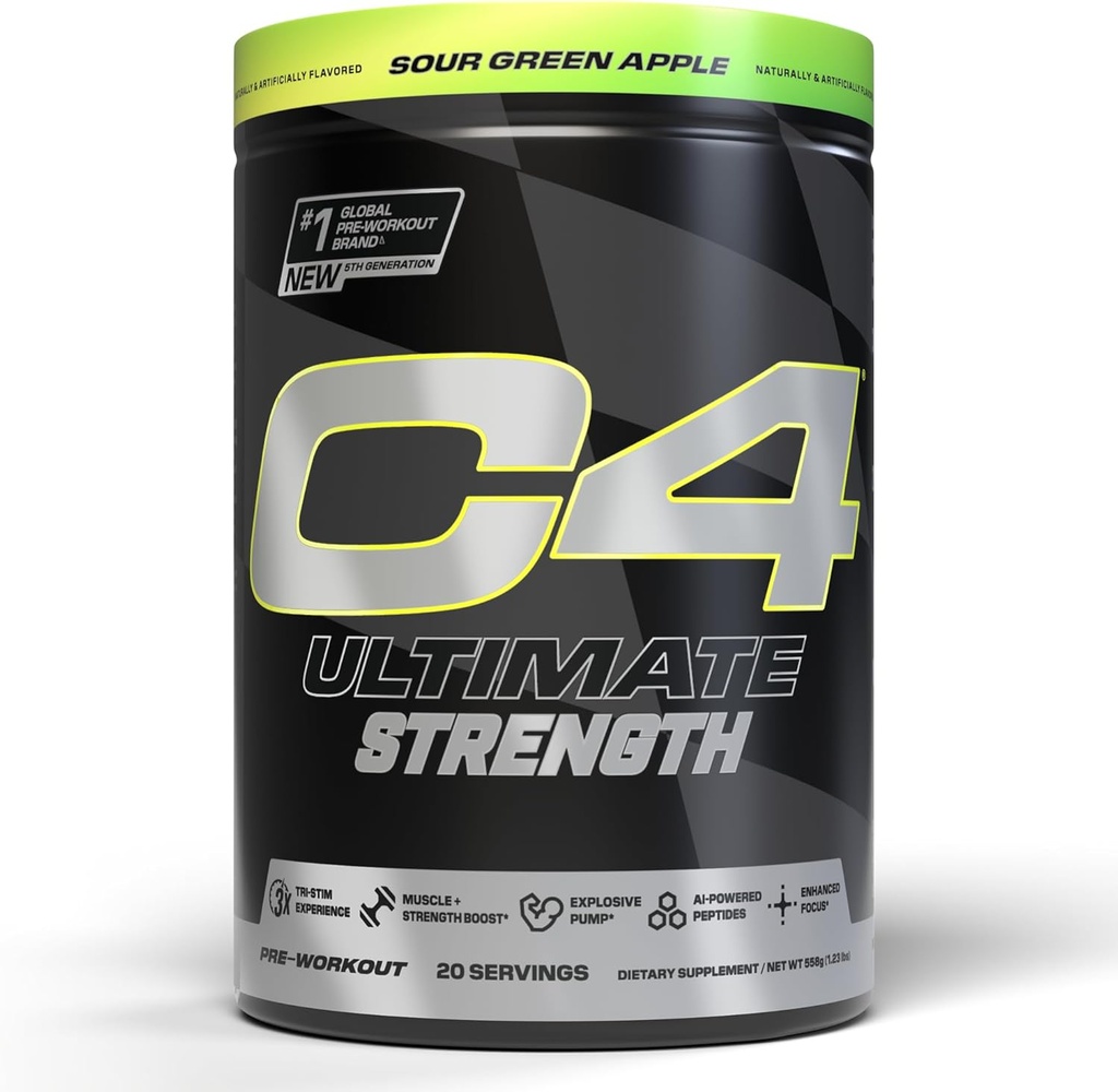 Cellucor C4 Ultimate Strength Pre Workout Powder - Tri-Stim Experience 300mg Caffeine+TeaCrine+Dynamine - Creatine & Beta-Alanine - Energy Supplement for Men & Women - Sour Green Apple, 20 Servings