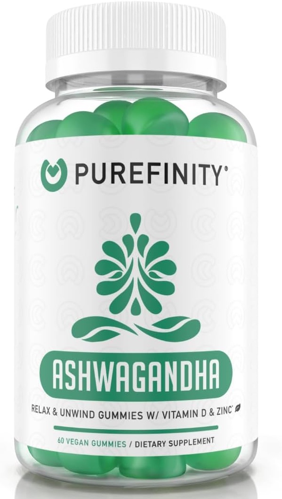 PUREFINITY Ashwagandha Gummies koos D-vitamiini ja tsink - täiendus lõõgastumiseks, rahustamiseks ja meeleolu toetamiseks - Gluteenivaba, GMO-vaba, vegan, 60 loend