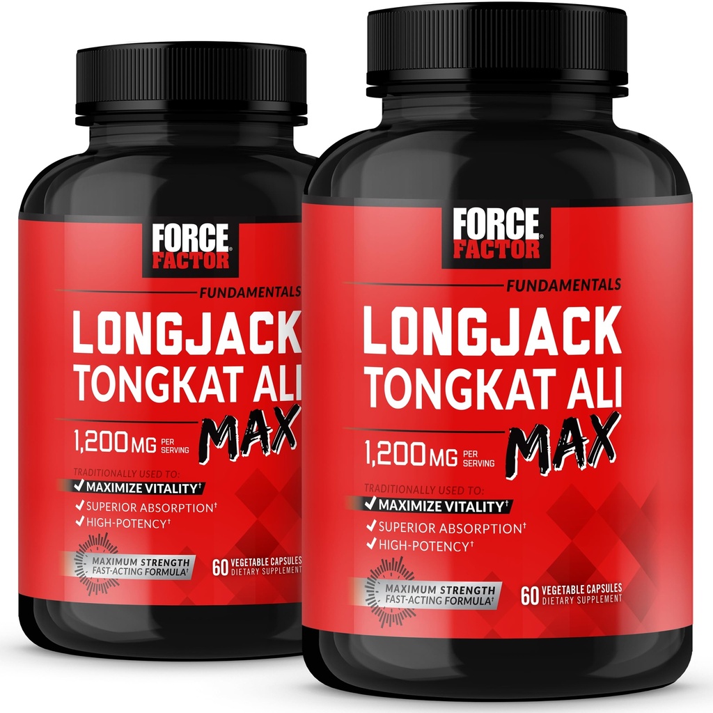 Jõufaktor Longjack Tongkat Ali Max, Tongkat Ali meestele, meeste vastupidavusele ja elujõule täiendus, mis on valmistatud peamiste looduslike koostisosadega parema imendumise jaoks, 1200mg, 120 kapslit, 2-pakk