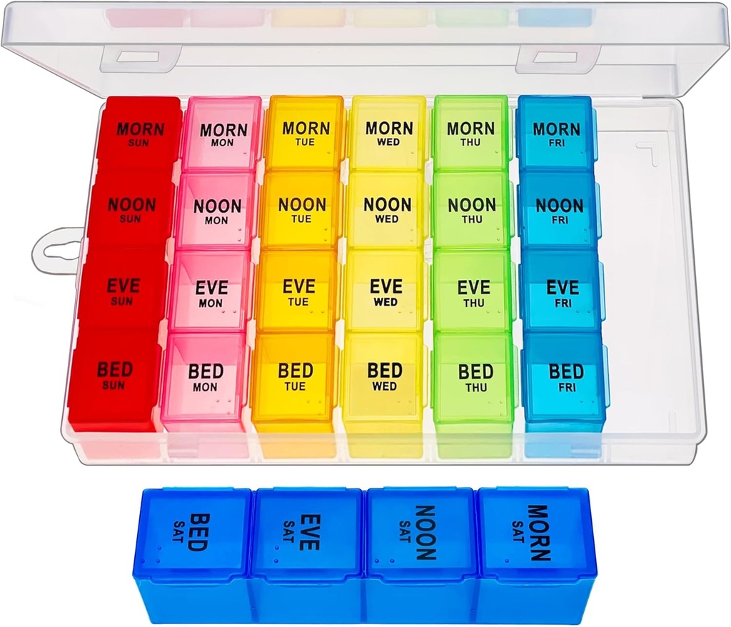Iganädalane Pill Organizer 4 korda päevas, Medicine Organizer Box, Travel Daily Pill Box Korraldaja 7 päeva, Pill Case, Pill Container Hoida Vitamiinid / Kalaõlid.