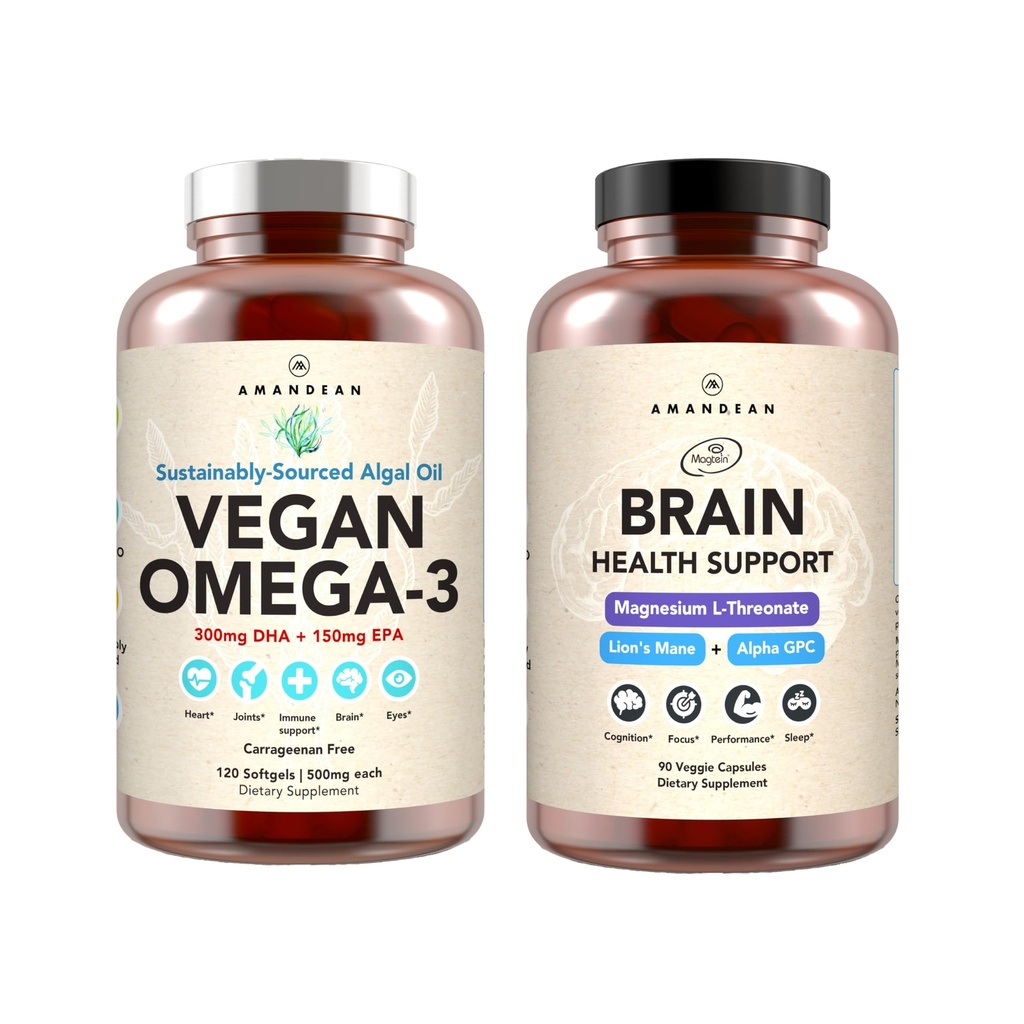 AMANDEAN Aju ja Vegan Omega-3 Bundle: Magneesium Threonate, USA-kasvatatud Lõvi Mane 6:1, Alpha-GPC & Vetikad DHA/EPA. Taimepõhised olulised rasvad aju, silmade, südame ja naha tervise jaoks. Kalaõli alternatiiv.