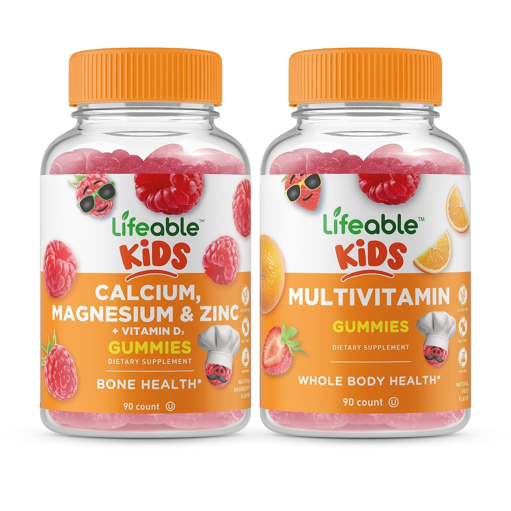 Elujõuline Kaltsium Magneesium & Tsink Lapsed + Multivitamiini Lapsed, Gummies Bundle - suurepärane maitse, vitamiinilisand, Gluteenivaba, GMO-vaba, närimiskumm