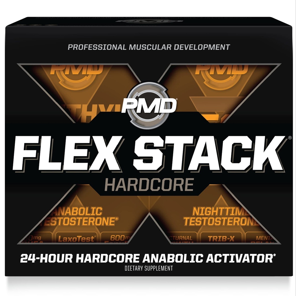 PMD Sport Flex Stack Hardcore 24-tunnine tervislik virna suurenenud lihasmassi, tugevuse, vähenenud valulikkus, libiido ja rahumeelne uni - Methyl Andro Hardcore 90 kapslit, Z-test 90 kapslit