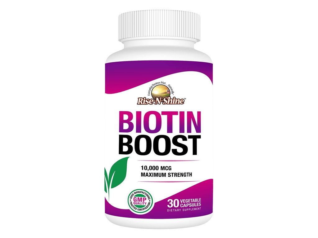 Rise-N-Shine Biotin Boost 10 000 mcg Biotin 10000 mcg toetada juuksed, nahk, küüned ja ripsmed 30 Count