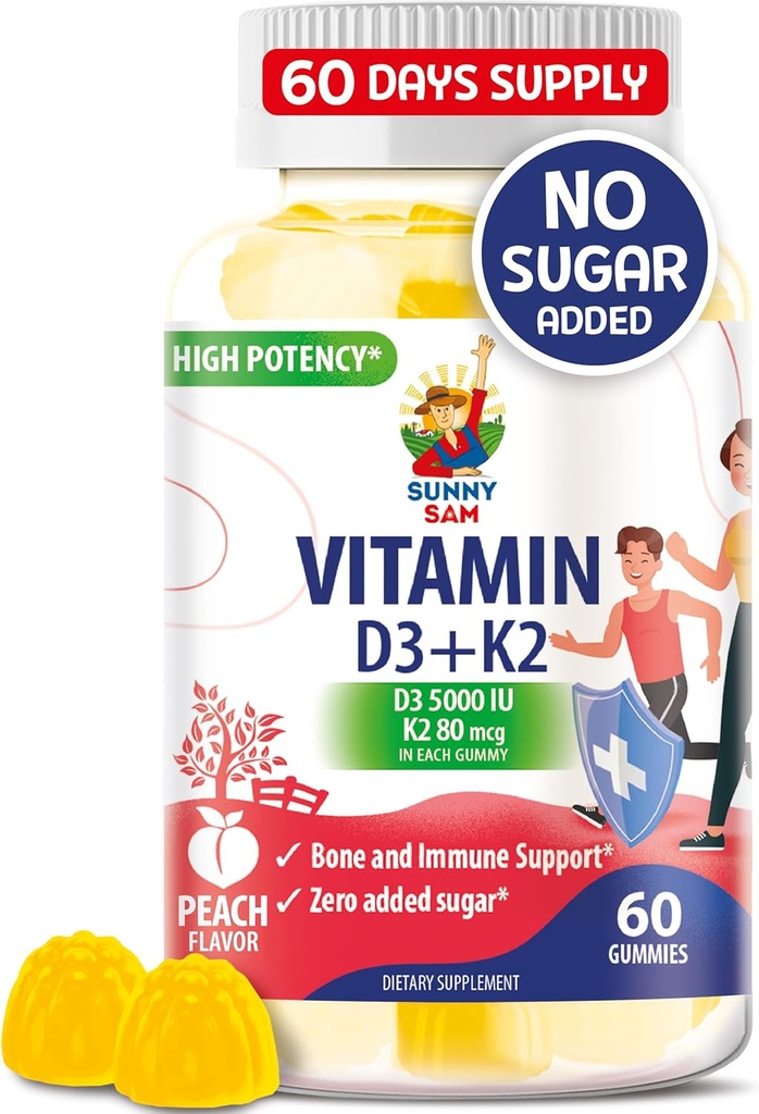 Suhkruvaba vitamiin D3 K2 Gummies 5000 RÜ - Immuun- ja konditugikummid - D-vitamiini kummilisand täiskasvanutele - kõrge imendumise, vegani, halaali, gluteenivaba närimistable vitamiinid