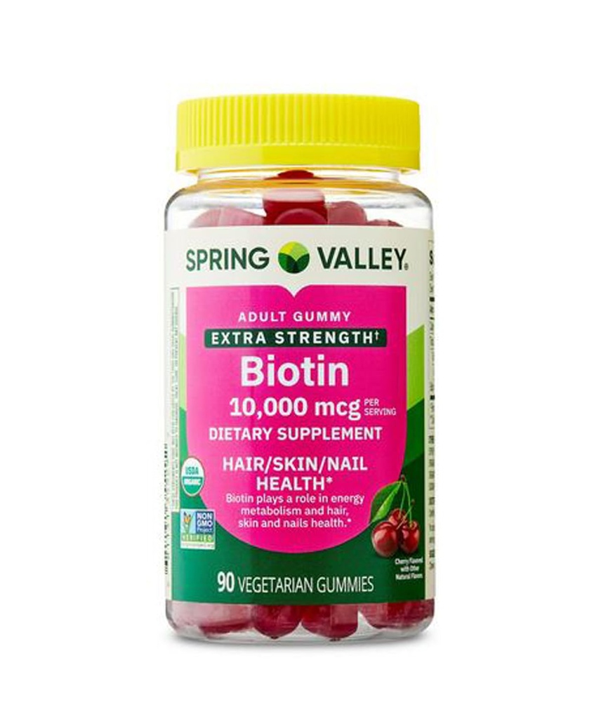 Spring Valley Organic Extra Strength Biotin Vegetarian Gummies for Hair/Skin/Nail Health, Cherry, 10000 mcg, 90 Count