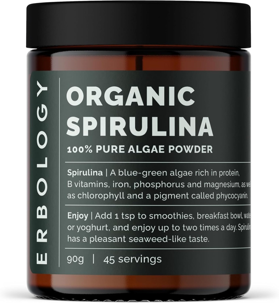 Erboloogia Orgaaniline Spirulina Pulber 3,2 oz - 45 Servings - Jätkusuutlikult hangitud Portugalis - Energia ja immuunsuse toetus - rikkalik klorofüll, B-vitamiinid, raud ja fosfor - Vegan - GMO-vaba