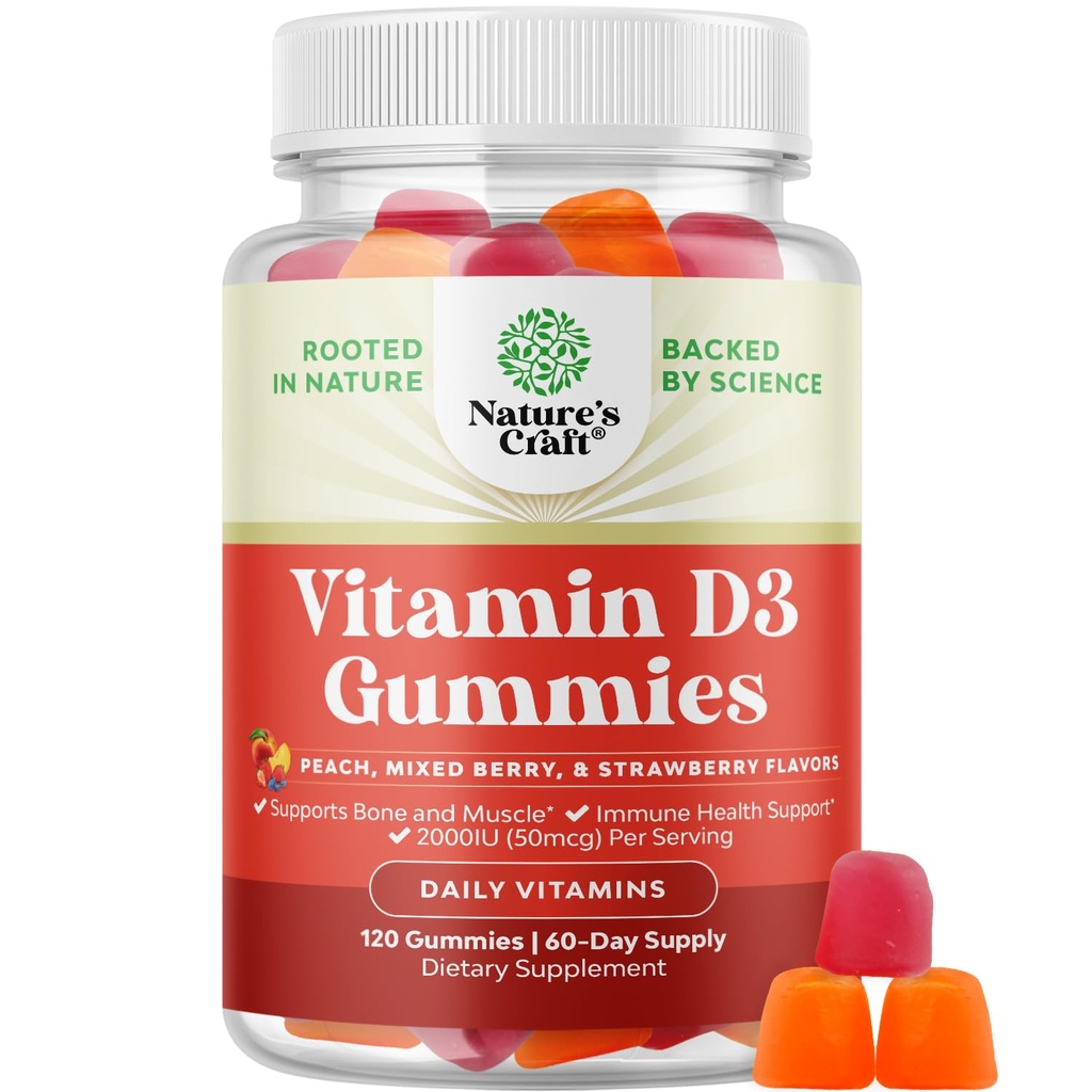 Loodused Käsitöö Vitamiin D3 Kummid igapäevaseks heaoluks - Maitsev D-vitamiini Gummies täiskasvanutele D3 2000IU ühe serveeritava luulihaste ja immuunsüsteemi tugi - Mitte-GMO želatiin ja gluteenivaba (60 päeva pakkumine)