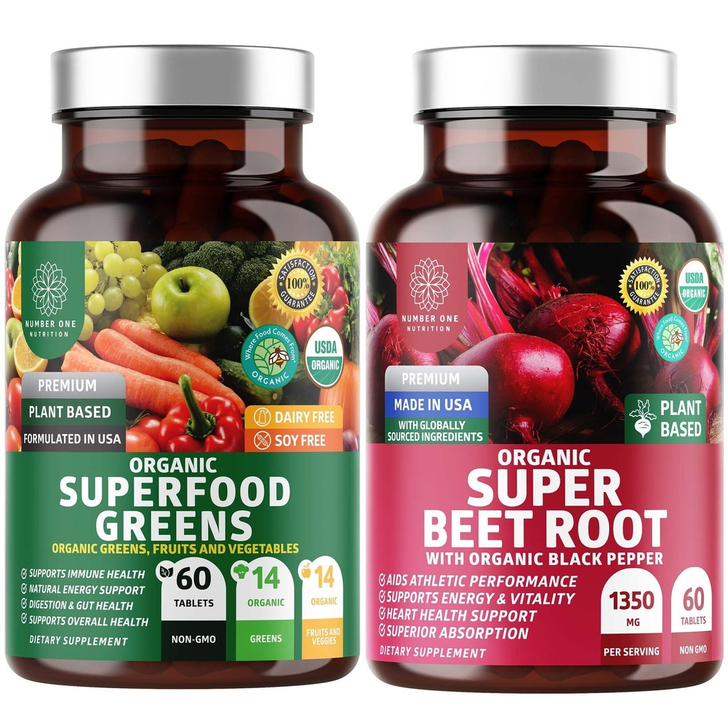 Number üks Toitumine N1N Premium ja orgaanilised supertoidu rohelised ja peedi juure tabletid immuunsuse ja antioksüdantide toetamiseks, pakendatud Alfalfa, Spirulina ja odra rohi, 120 tabletti