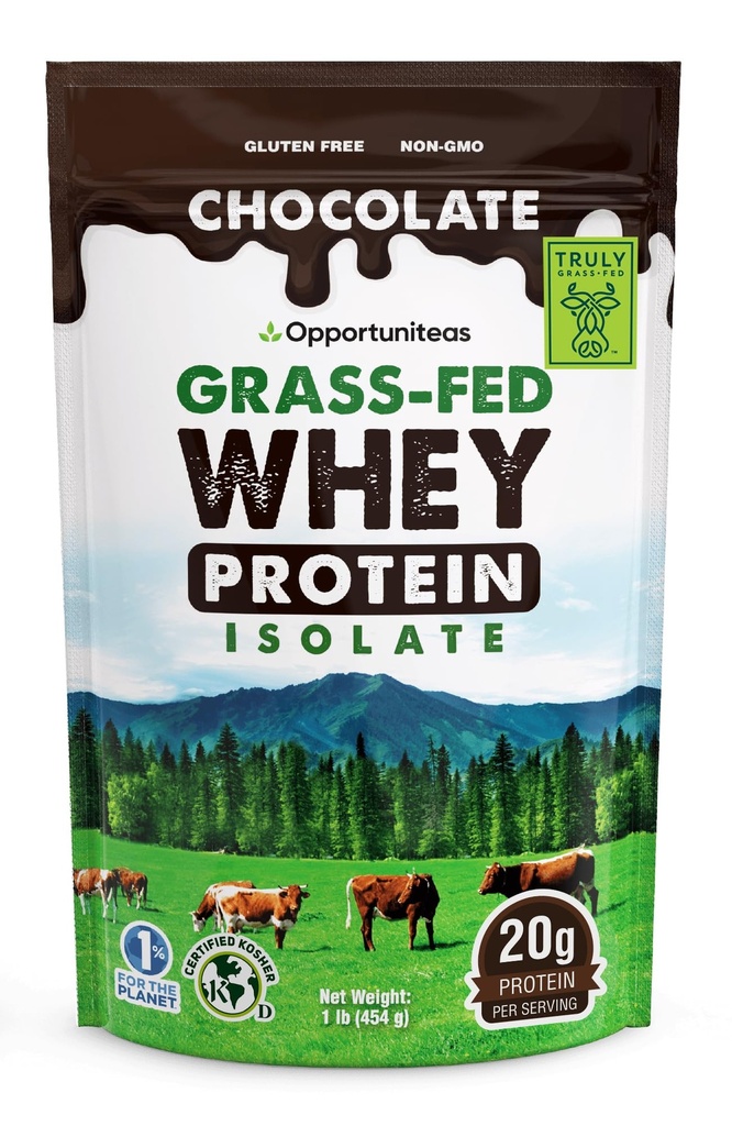 Opportuniteas Grass Fed Chocolate Whey Protein Isolaatpulber - 20 g valgupulber ilma kunstlike magusaineteta, hormoonivabad õnnelikud lehmad, Non GMO - 1lb