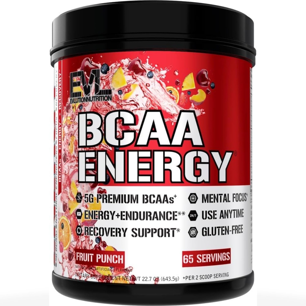 Evlution EVL BCAAs Amino Acids Powder - BCAA Energy Pre Workout Powder for Muscle Recovery Lean Growth and Endurance - Rehydrating Post Workout Recovery Drink with Natural Caffeine - Fruit Punch
