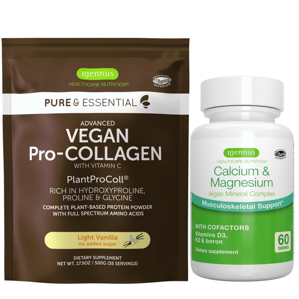 Vegan Vanilla Kollageen Valgu Pulber + Kaltsium & Magneesium Complex Bundle, Põhjalik Luude Tugi