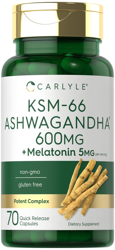 Carlyle KSM- 66 Ashwagandha kapslid 600mg | 70 Count | melatoniiniga 5mg | potentne kompleks | Mitte-GMO, Gluteenivaba