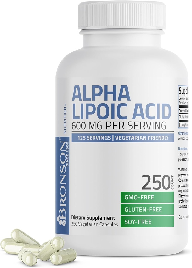 Bronson Alpha Lipoic Acid 600mg Vaba Radical Scavenger Toetab Tervist - Mitte-GMO, 250 Taimekapslit (125 Servings)