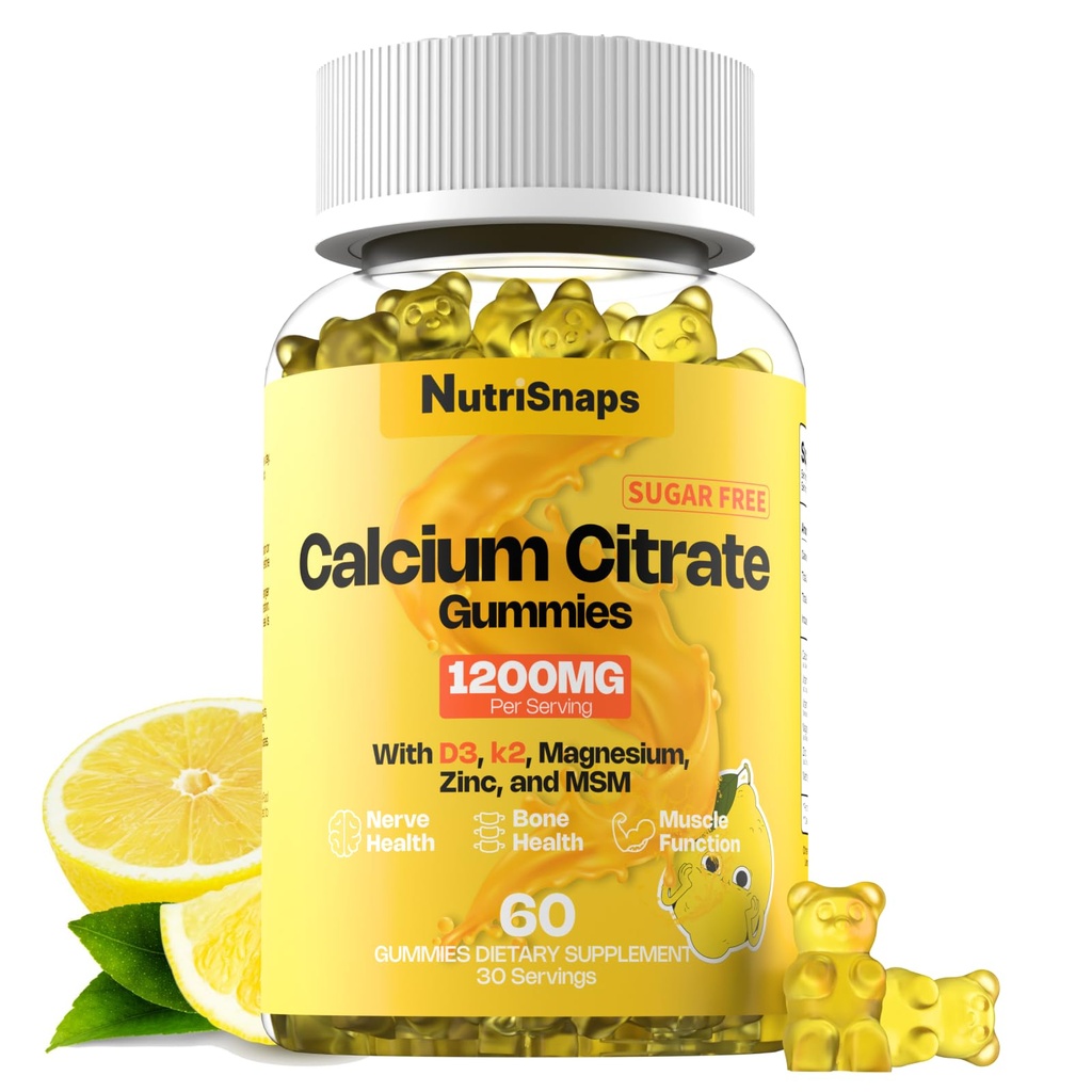 Suhkruvaba kaltsiumtsitraat Gummies 1200mg vitamiin D3 K2, magneesium, tsink, MSM meestele ja naistele, luu, lihased, immuuntoetus, Ultimate Absorption Kaltsiumilisand, Vegan, 60 Count