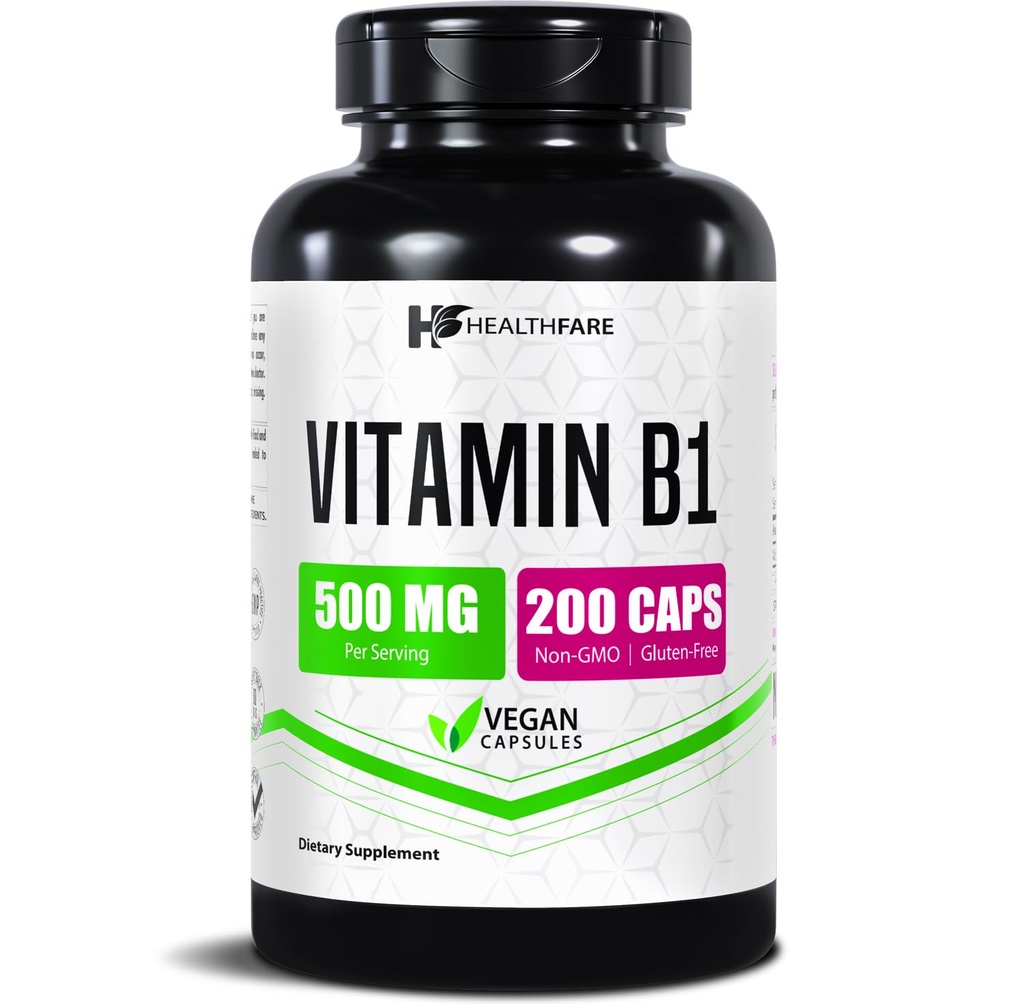 Tervishoid Vitamiin B1 (tiamiin) 500mg | 200 Vegan Kapslid | Extra Tugevus Kõrge potentsi täiendus | Toetab energia ja närvisüsteemi | Mitte-GMO, Gluteenivaba | Valmistatud USAs