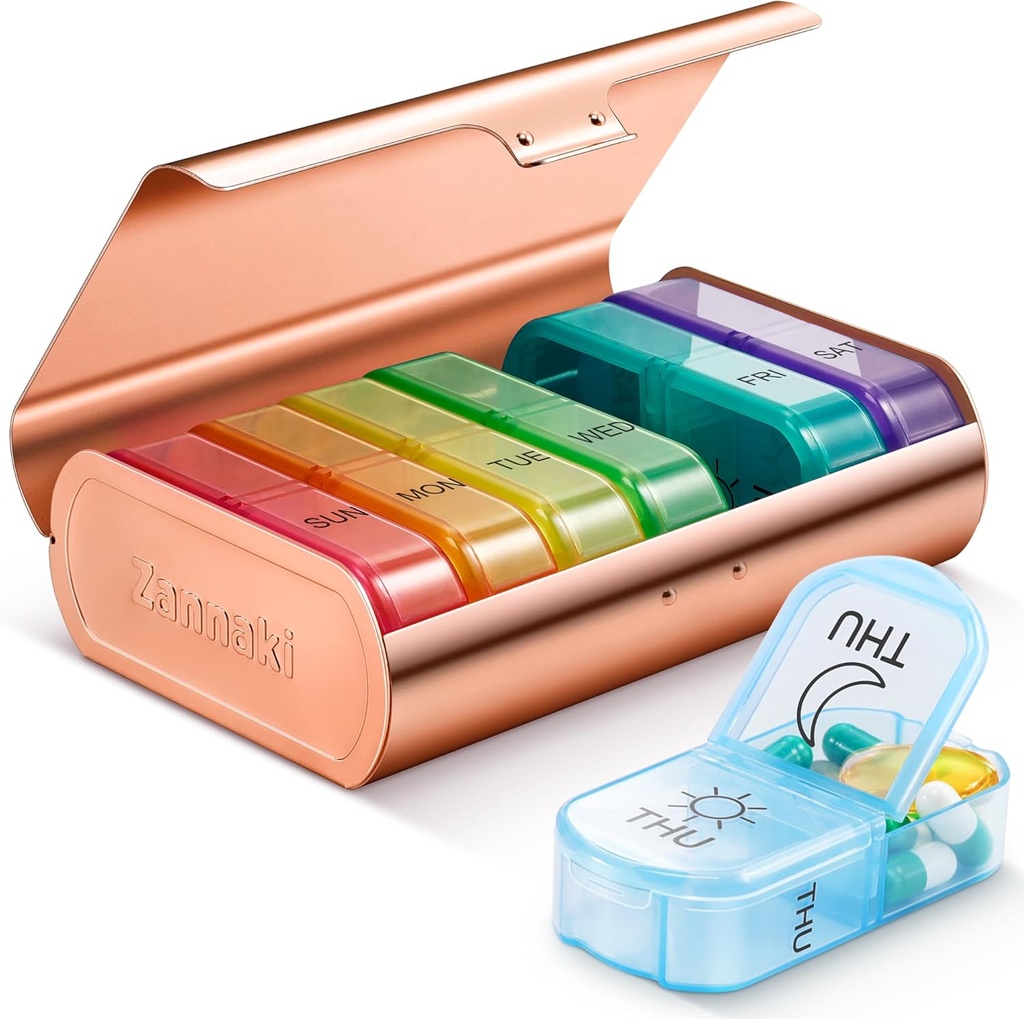 Zannaki Metal XL Weekly Pill Organizer 2 korda päevas, Big Travel Daily Pill Box 7 Day, Portable Week Twice Pill Holder Container, AM PM Pill Case for Medicine Vitamiin Ravimid Supplement, Gold