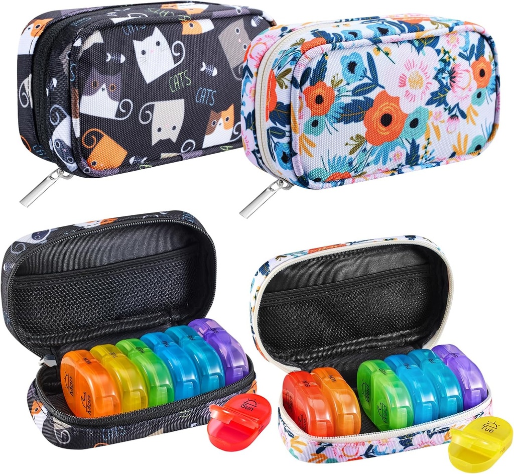 Serfeymi Weekly Travel Pill Organizer 2 korda päevas AM PM Vikerkaar Pill Box 7 päeva Zipper Canvas Pill Case, meditsiin Korraldaja pillid, vitamiinid, kalaõlid - Black 02 + Bloom 01