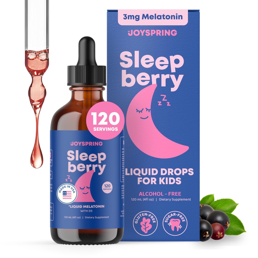 JoySpring SleepBerry - Kids Melatoniin Vedelik - 3MG Melatoniin D3 ja Elderberry - Suhkruvaba vedelik lastele ja teismelistele - Õrn looduslik unetoetus valem (4 fl oz)