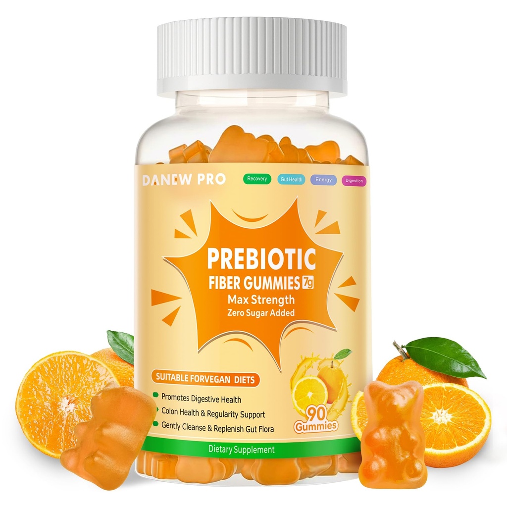 Prebiotic Fiber Gummies for Adults, 7G Extra Strength, Zero Sugar Added, 90 Pectin Based Gummies, Digestive Health -Orange