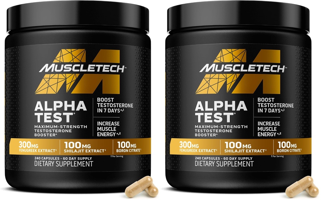 MuscleTech Testosterone Booster for Men,AlphaTest-T-Boost Mens Supplement with Tribulus Terrestris&Boron-Daily Male Gym Workout Supplements for Muscle Growth,Stamina&Energy-240 Pills,(Pack of 2)