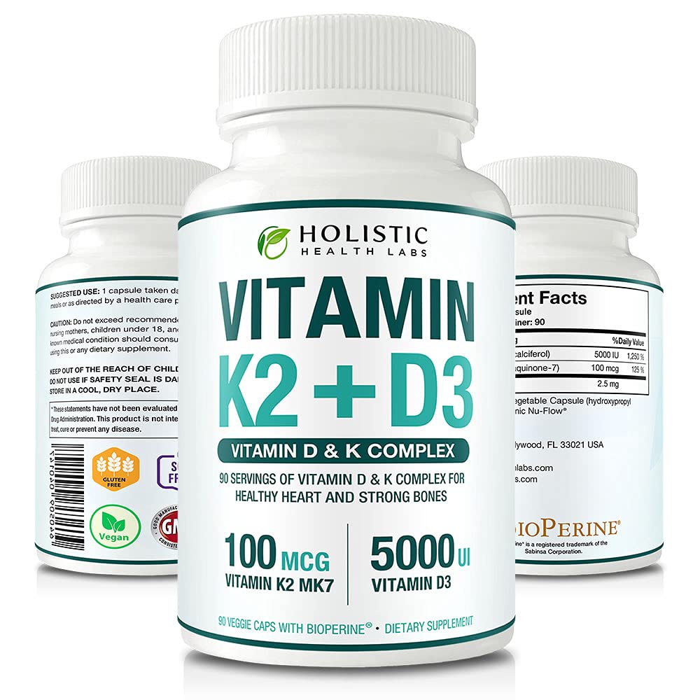 Maksimaalne imendumine Vitamiin K2 + D3 (5000IU) 90 Veggie kapslid MK-7 (Menakinoon-7) ja kolekaltsiferool (koos Bioperiiniga) 3-kuuline pakkumine - D3 koos K2 terve südame ja tugevate luudega | Mitte-GMO