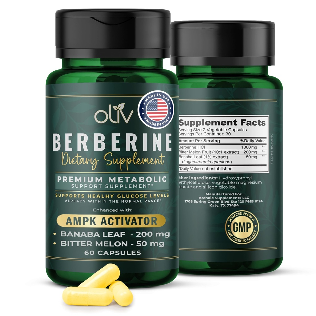 Oliv Pure Berberine Supplement kapslid - Berberine HCI 1000mg - Natural Metabolic Support 200mg Bitter Melon Fruit Extract ja 50mg Banaba Leaf - 2 Veggie kapslid päevas (30 Servings)