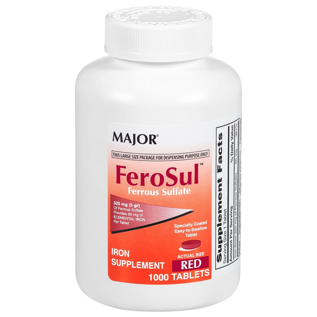 Major FeroSul - raudsulfaat 325 mg tabletid - Raualisand naistele ja meestele - spetsiaalselt kaetud kergesti neelatavad tabletid - punane - 1000 loend