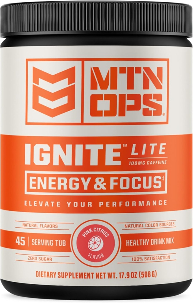 MTN OPS Ignite Lite Energiajook Pulber Gluteen Vaba lämmastikoksiidilisandi Joogisegu, L Arginiin, L tsitrulliin, Kofeiin ja Nootroopne Suhkruvaba Joogi Segu, 45 Servingut, Roosa Tsitrus