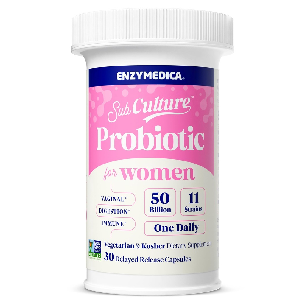 Enzymedica SubCulture Probiootikumid Naiste Vaginaalne Ja Kuseteede Tervis, 50 Miljardit CFU, Toetab Immuunsust + Seedetrakti Tervis & Regulaarsus, 30 Count