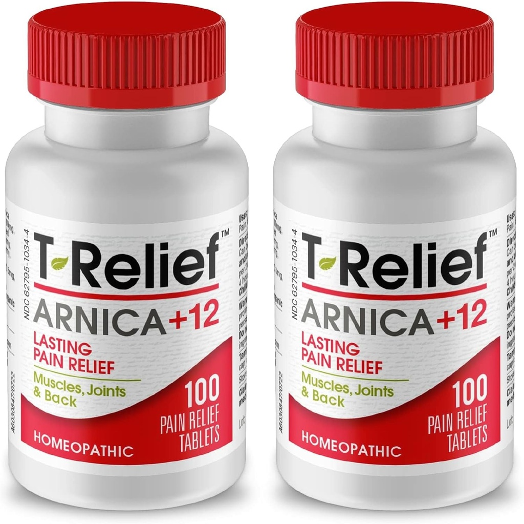 T-Relief Arnica +12 looduslikud leevendavad ained seljavalu liigesevalu valulikkus Lihasvalud ja jäikus, kogu keha kiire tegutsemine Naistele ja meestele - 100 tabletti (2 pakendit)