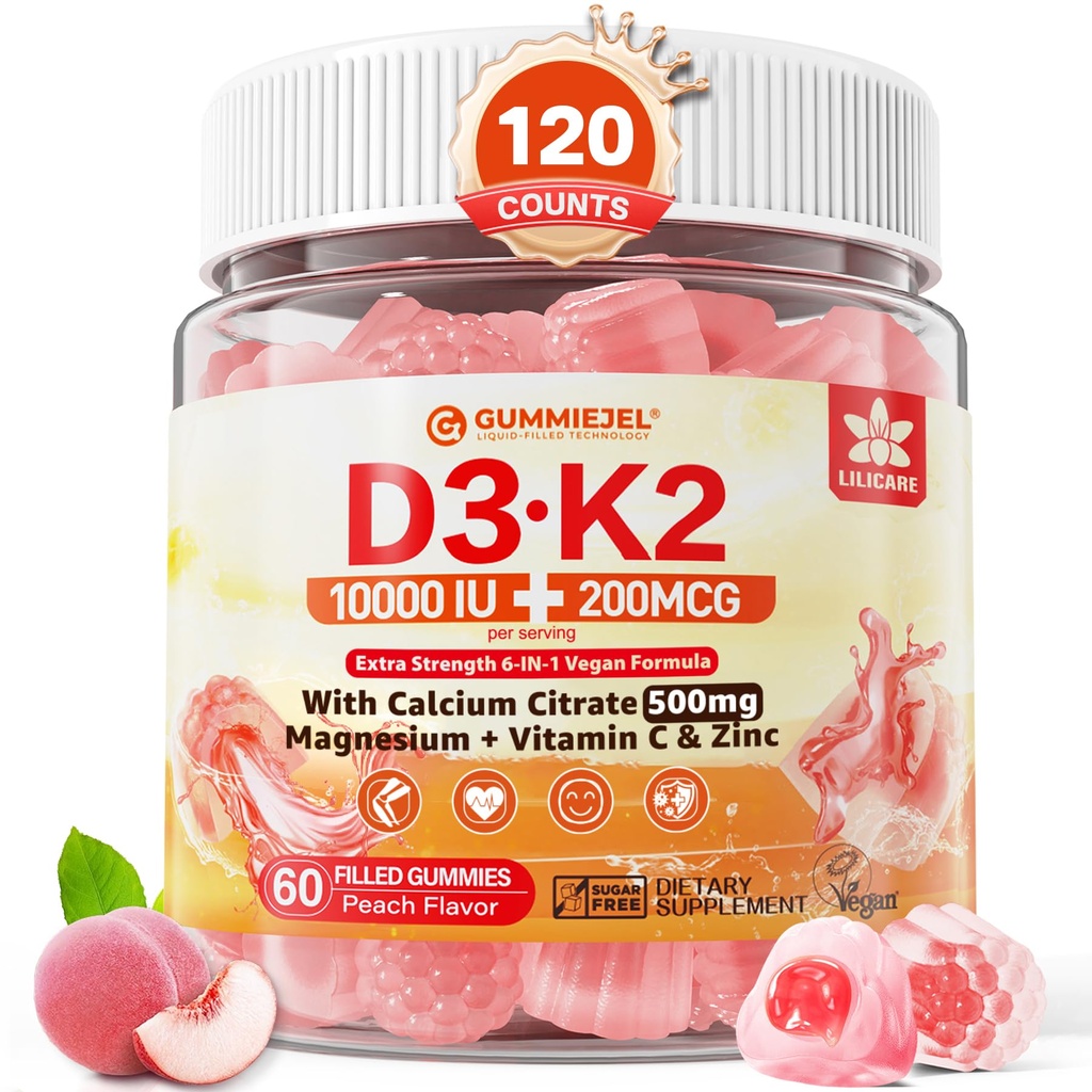 Vitamiin D3 K2 Täidetud kummikud 5000 IU / 10 000 RÜ 500mg kaltsiumi + K2(MK-7) 200mcg, magneesium, C-vitamiin ja tsink, ekstra tugevus - Ultimate Absorbency luude lihased hambad, vegan - Pakend 2