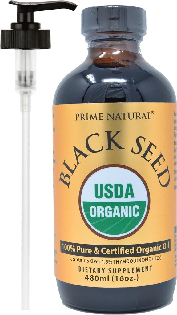 PRIME NATURAL Organic Black Seed Oil 16oz - külmpressitud rafineerimata kõrge tümokinoon 1,7% USDA sertifitseeritud - Türgi päritolu Potent Nigella Sativa Vequid - Vegan Omega 3 6 9, Antioksüdant