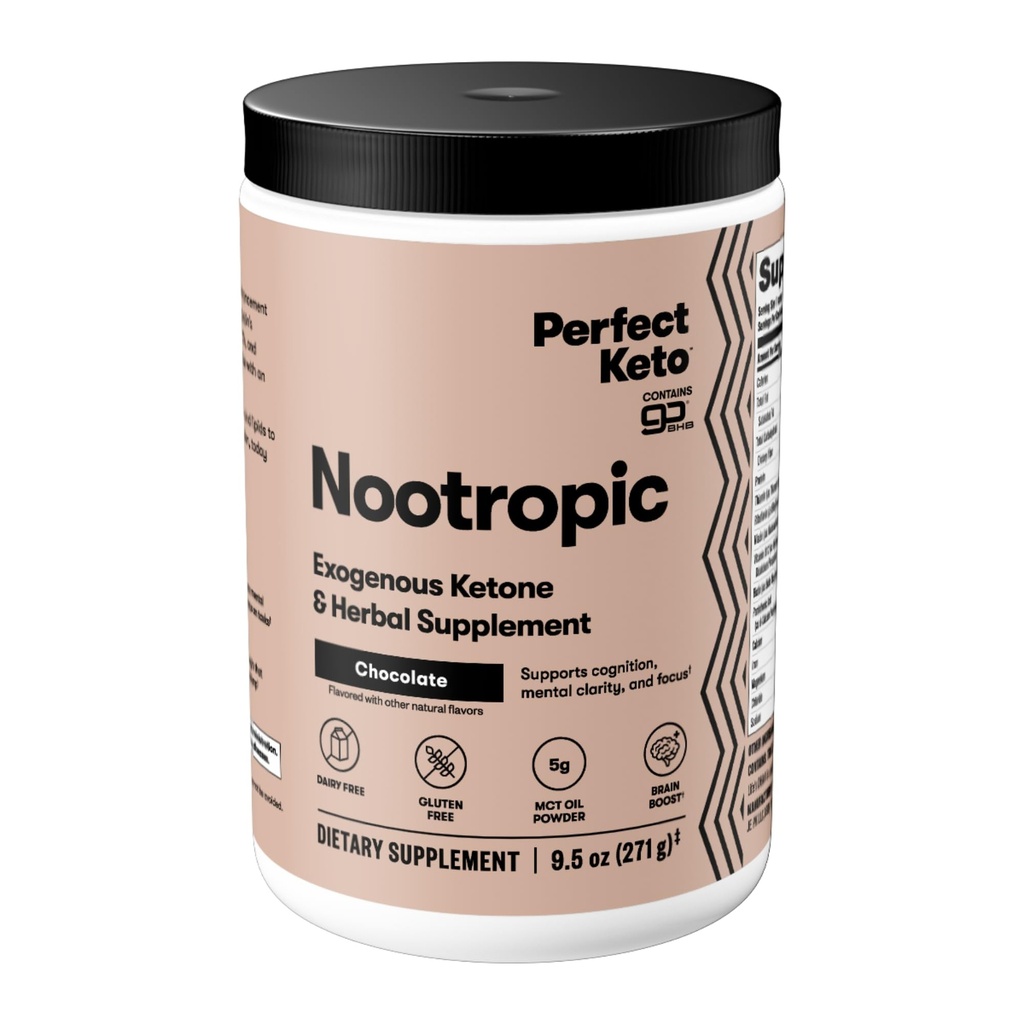 Perfect Keto Nootropic Brain Support, Caffeine Free Focus and Energy Supplement with Alpha Lipoic Acid, L Theanine, Ginkgo Biloba, Alpha GPC, MCT's, Collagen, Ketones, Chocolate Drink Mix, 15 Servings
