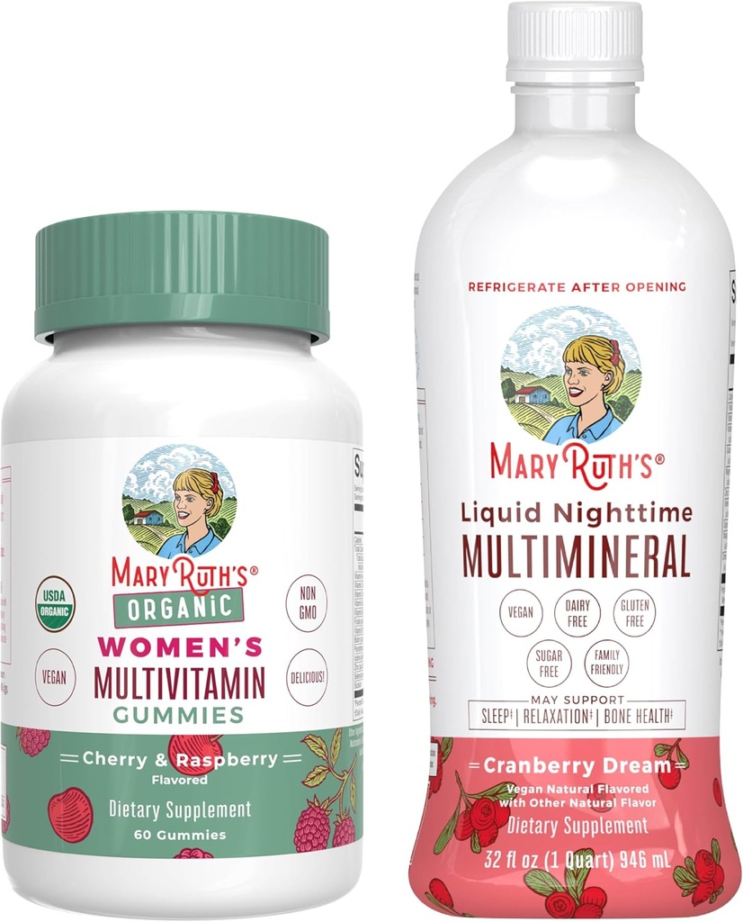 MaryRuth's Multivitamin Gummies for Women (Cherry & Raspberry) & Liquid Nighttime Multimineral (Cranberry) | Clean Label Project Verified® | Vegan, Non-GMO | Beauty, Bedtime, Overall Health