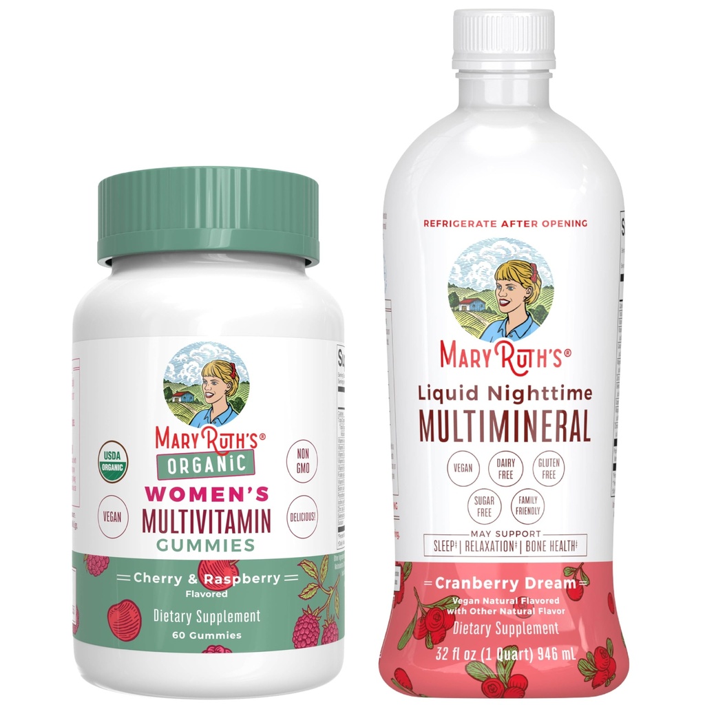 MaryRuthi multivitamiin Gummies naistele (kirss ja vaarika) ja vedel ööseks multimineraal (Jõhvikas) | Clean Label Project Verified® | Vegan, Non-GMO | Ilu, uneaeg, üldine tervis