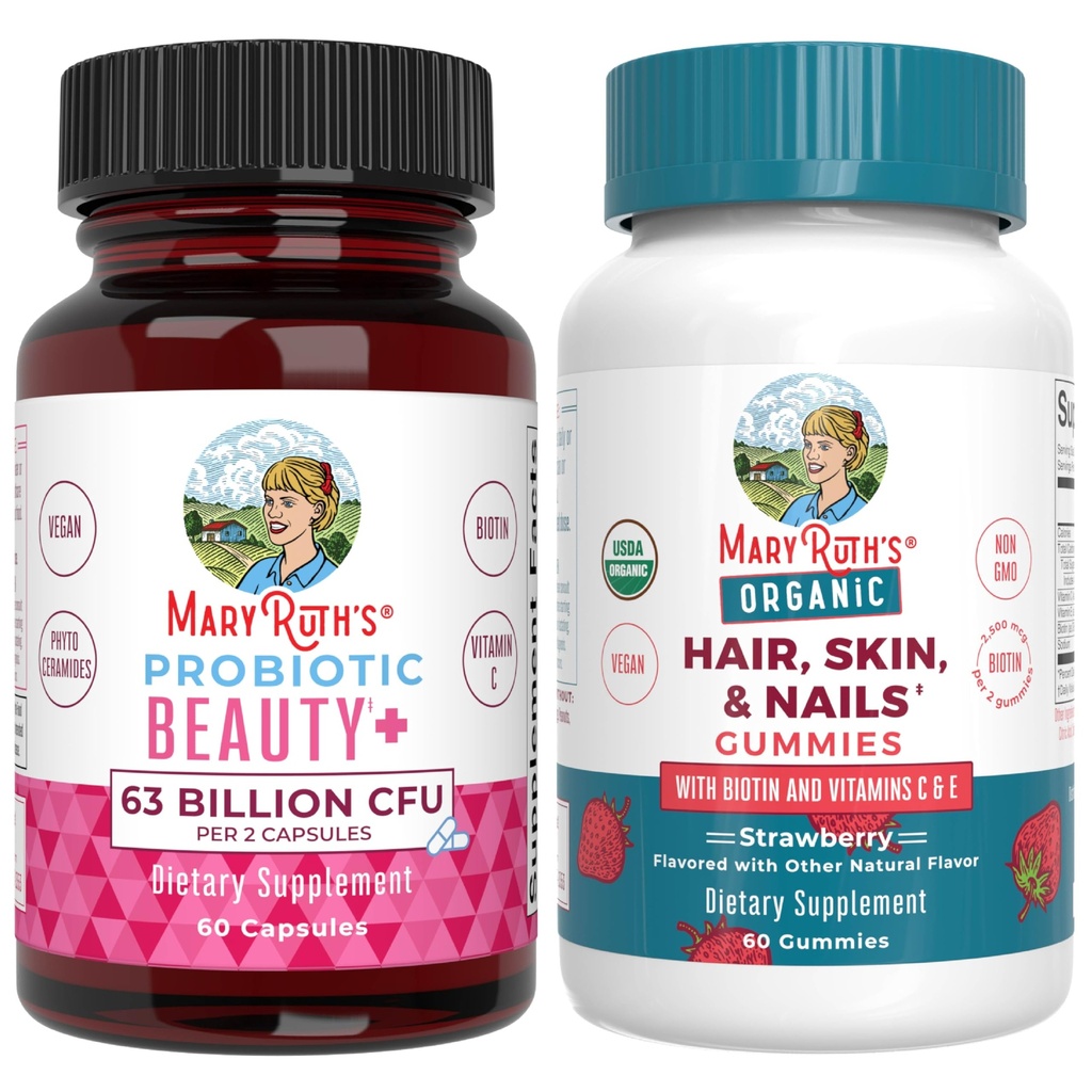 MaryRuth's Probiotic Beauty+ Capsules & Hair, Skin, & Nails Gummies (Strawberry) | B Corp Certified, Clean Label Project Verified® | Sugar-Free, Vegan, Non-GMO | Beauty | Skin, Hair & Nail Support