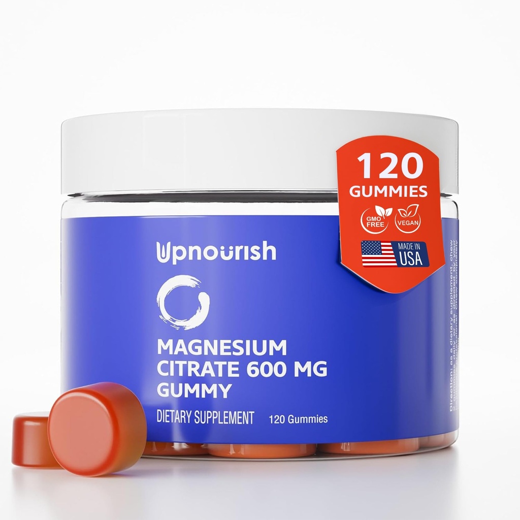 UpNourish Magneesium Gummies täiskasvanutele ja lastele Magneesiumtsitraat Gummies 600mg, Rahulik täiendus lihaste lõõgastamiseks, luude ja seedetrakti terviseks, Citrato de Magnesio, Vegan, mitte-GMO, 120 Count