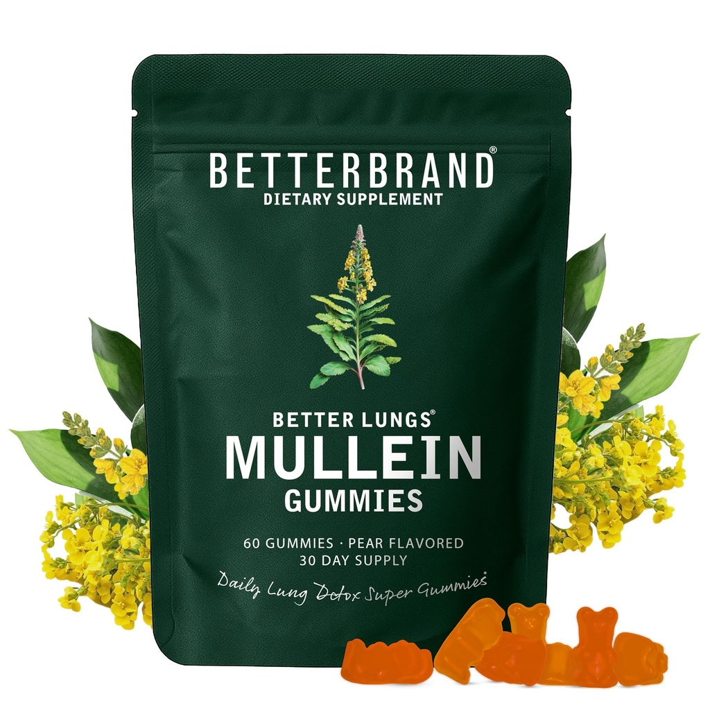 Betterbrand Mullein Gummies Lungs - 1000mg Taimne täiendus Lung Detox & Respiratory Support - Pear Maitse Näritav Breatheasy Gummy - 30 päeva pakkumine