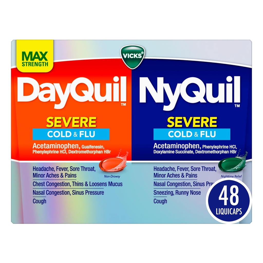 VICKS DayQuil & NyQuil SEVERE Co-Pack, Külma ja gripi meditsiin, võimas peavalu leevendamine, palavik, valulik kurk, väikesed valud, ummikud, siinusrõhk, kleepuv nina ja köha, 48 vedelikku
