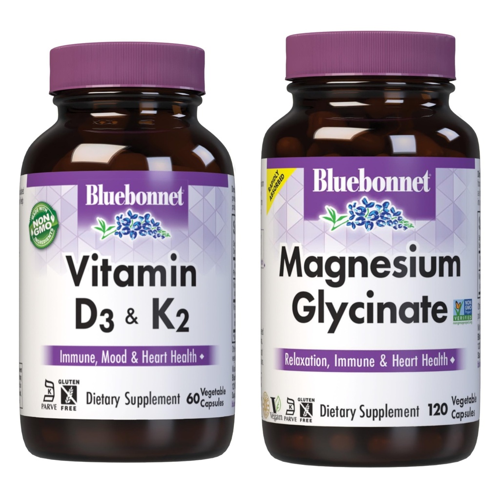BlueBonnet Nutrition Vitamiin D3 ja K2 ning magneesiumglütsinaat köögiviljakapslid