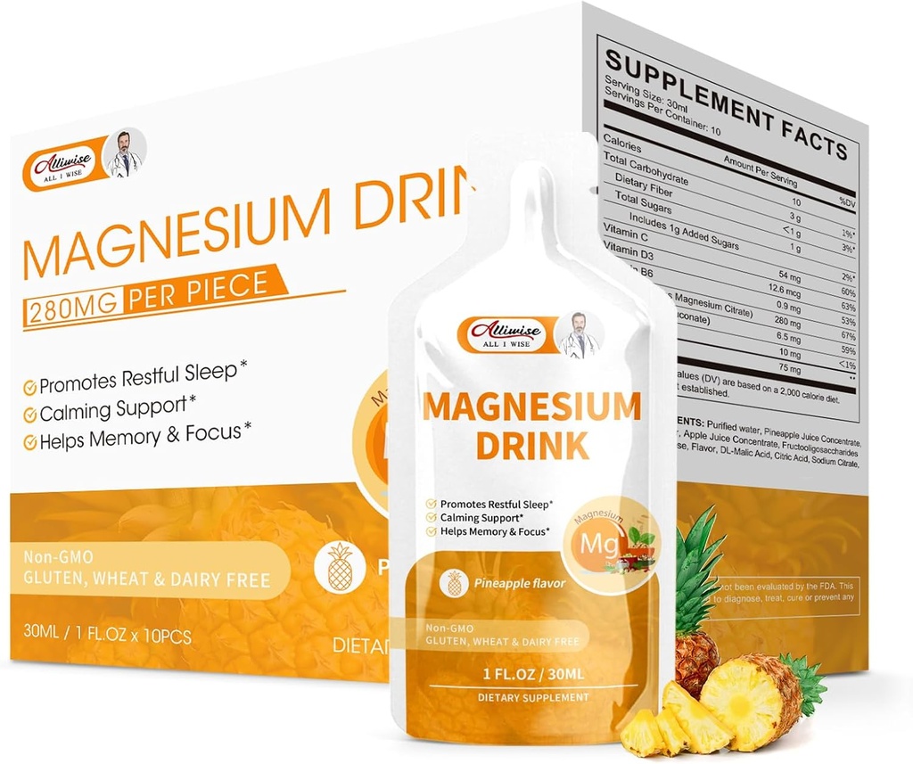 Magneesiumtsitraat Vedel magneesiumjook Suukaudne lahus vitamiini, tsingi ja naatriumbromelainiga, oluline magneesiumi lisand immuunsüsteemi, luude tervise ja Zzz, ananassimaitse, 10 Fl Oz